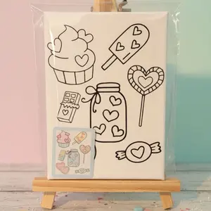Mini Valentines Pre Printed Paint Canvas 5x7 with Heart Cupcake Jar and Lollipop Design
