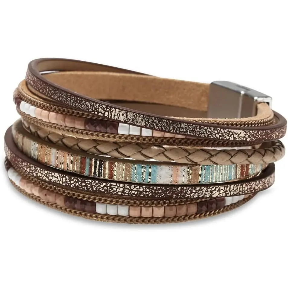 Women's Leather Wrap Bracelet - Boho Leopard Pattern Stackable Beaded Arm Cuff with Charms, Fashion Costume Jewelry Accessory, Bracelet With Charms, Stackable Bracelet