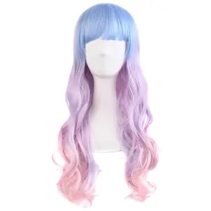 Long Wavy Harajuku Cosplay Wig for Women – Colorful Synthetic Costume Hair (Light Blue, Purple, Pink)