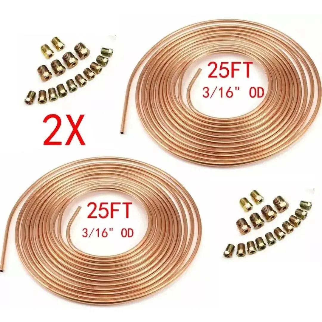 Professional Vehicle Brake Line Kit - 3/16 OD 25 ft 2 Copper Nickel Coils with All Size Fitting Set, OEM Standard Easy-Bend Flare Replacement Hose, Car Repair Tool