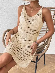 Elegant Hollow Out Backless Dress for Women, Spring Summer Knitted Sweater Beach Vacation Cover-Up, Beach Cover Ups, Fashionable Comfortable Design