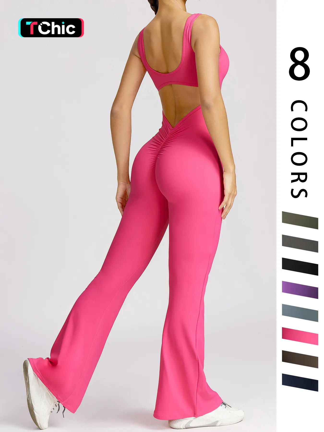 Women Sleeveless Flare Jumpsuits Sexy Backless Tank Tops Bodycon Scrunch Butt Yoga Rompers Seamless Unitard Playsuit Sportswear, Activewear Clothing