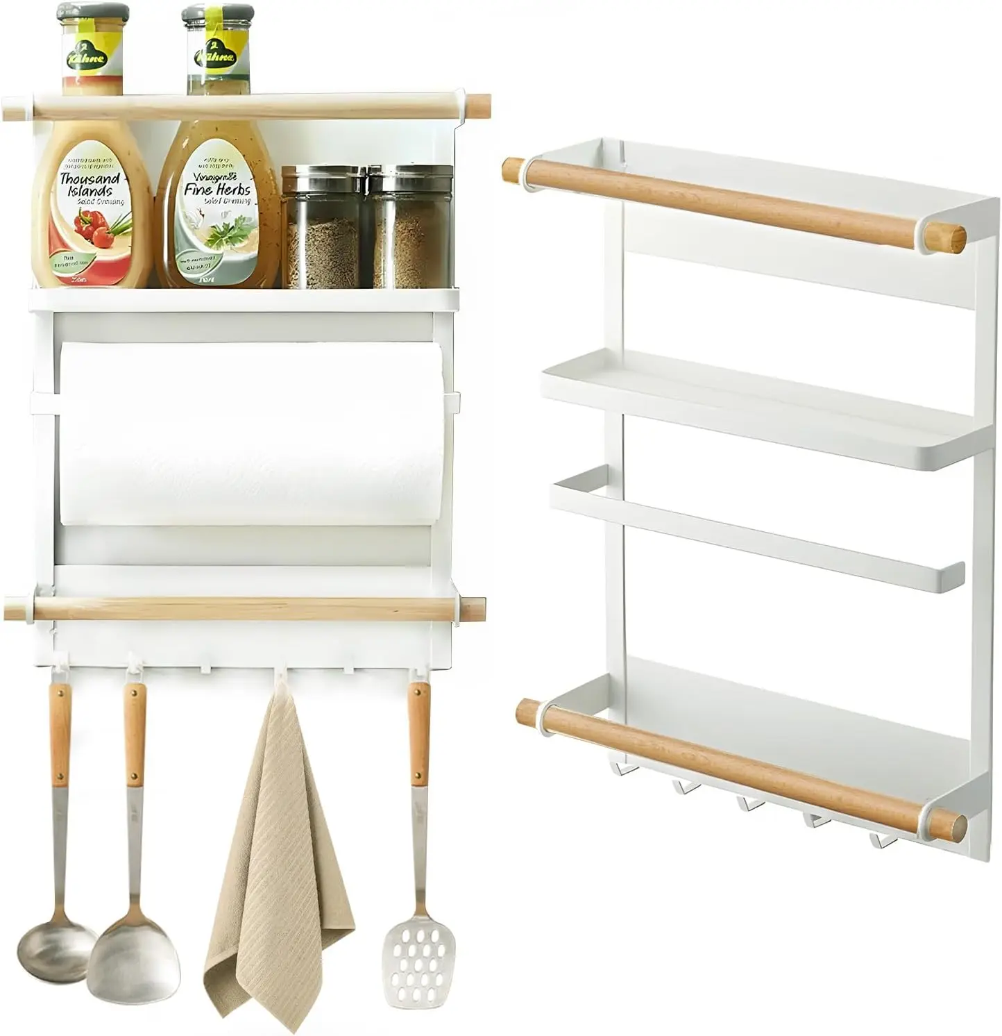 Farmhouse Magnetic Kitchen Organiser Rack - Drill-Free Hanging Mount, Open Shelf with Kitchen Roll Holder & Utensils Storage, White Metal & Bamboo Wood Construction, 33x34x8 cm, RVs Compatible