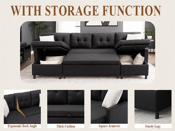 Sleeper Sofa Couch, Oversized Pull Out Couch Bed with Storage Chaise, Sectional Sleeper Sofa Bed for Living Room