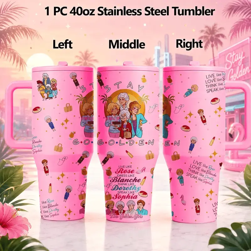 [HOT] 1 Pc 40oz Golden Girls Stainless Steel Tumbler Drinkware with Handle and Lid, Pink Retro TV Show Inspired Travel Mug, Portable Double Wall Vacuum Insulated Cup for Coffee Water Tea, Keep Hot 12H Cold 24H, Funny Gift for Women Mom Grandma Best Friend