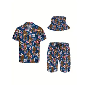 3pcs Men'S Hawaiian Shirt And Short Set, Sasquatch Tropical Plants Flamingos Soft Fabric Breathable Shirt Button Short Sleeve Casual Beach Shirts Outfits With Bucket Hats