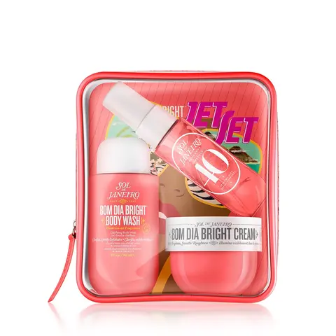 Sol de Janeiro Bom Dia Bright Jet Set Travel Body Care Kit - Purse Mini Toiletries with Salicylic Acid, Vitamin C, Exfoliating Wash, Smoothing Cream, Cheirosa 40 Mist (Jasmine, Black Amber, Plum Vanilla Woods, Musk) - Women's On-the-Go Gift Set