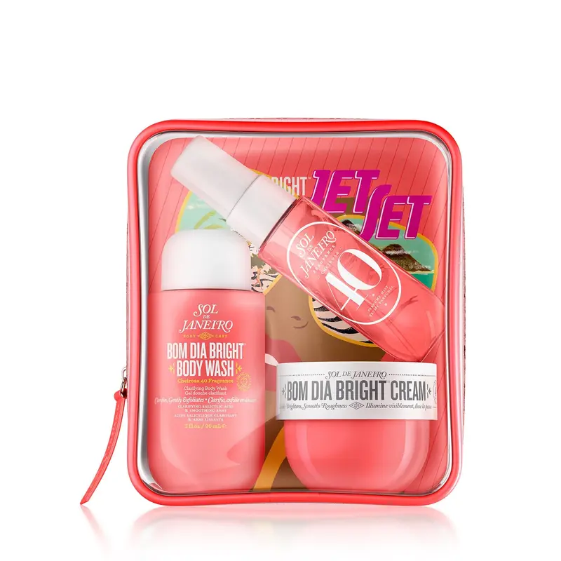 Sol de Janeiro Bom Dia Bright Jet Set Travel Body Care Kit - Purse Mini Toiletries with Salicylic Acid, Vitamin C, Exfoliating Wash, Smoothing Cream, Cheirosa 40 Mist (Jasmine, Black Amber, Plum Vanilla Woods, Musk) - Women's On-the-Go Gift Set