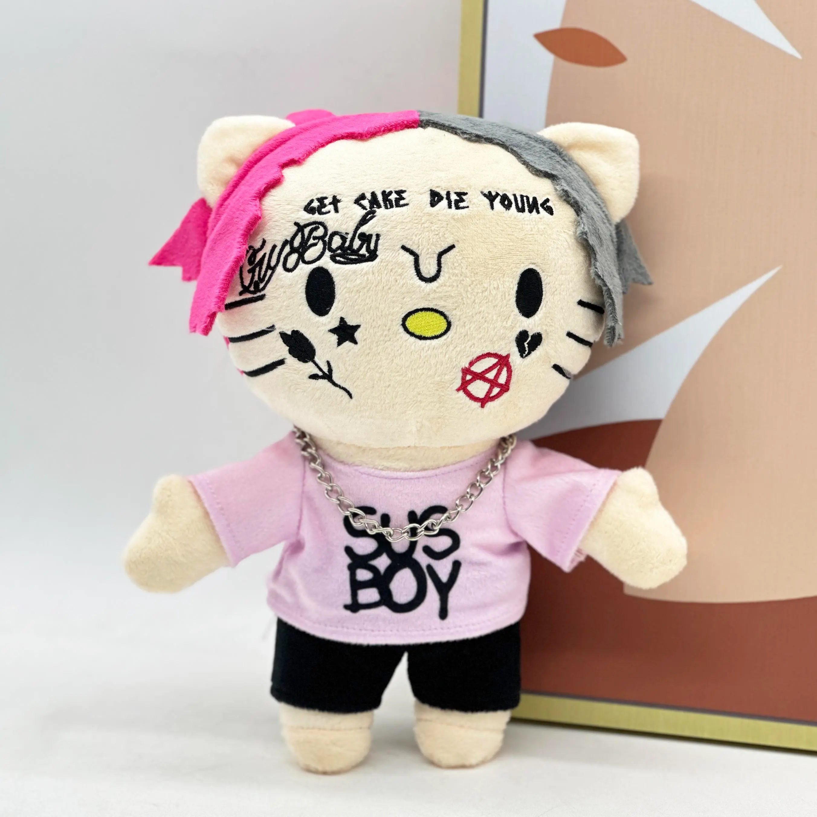 New Hello Kitty LIL PEEP Plush Anime Plush Toy Doll with Pink Clothes Necklace Stuffed Soft Plush Toys Fans Collect Gifts 24cm