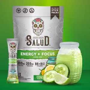 Salud 2-in-1 Energy Drink Powder + Focus, Cucumber Lime, Organic Caffeine, B6 + B12, Theanine, Clean Energy Drink Packets, Agua Fresca Mix, Non-GMO, Gluten Free, Vegan, 1g of Sugar, (15 Servings)