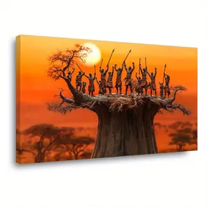 wall decor 1 Tribal Celebration Abstract Mural Wall Art - Solid Wood Frame, Vivid Sunset Silhouette Scene, Modern African Style Living Room, Bedroom, Office and Dining Room Decor, Textured Ink Work, African Home Decor Poster Ornaments Artistic Artwork