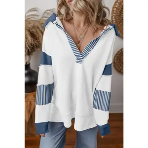 Dark Blue Striped Patchwork Collar Sweatshirt