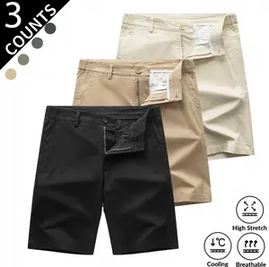 3pcs-2026 Summer New Arrival Men's Cotton Chino Shorts, Knee-Length 5 Inch Slim Fit Casual Dress Shorts, Lightweight Breathable Soft Twill Fabric, Classic Solid Color Black, Korean Style Trendy Straight Leg Mid Shorts, Button Zipper Closure.