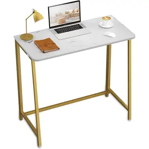 White Faux Marble Folding Desk, 31.5" Small Desk for Small Spaces with  , Easy Assemble Foldable Computer Desk, Mini Portable Working Table for Home Office, White and