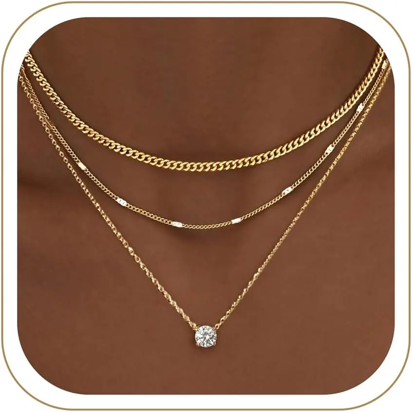 Layered Gold Necklaces for Women, 14K Gold Sterling Silver Plated Dainty Pendant Necklace Set Non Tarnish, Chunky Stackable Cuban Chain Choker, Trendy Birthstone Vacation Jewelry Gift