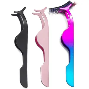 False Eyelash Tweezers for Lash Clusters 3PCS Professional Eyelashes Applicator Tool Stainless Steel Remover Clip Eyelashes Extension Tweezers Curved(Black, Champagne Purple,Assorted Color)