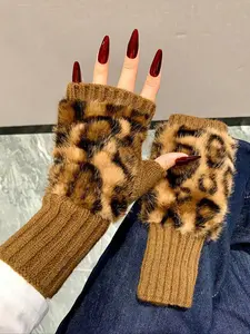 Women's Imitation Mink Fur Leopard Print Half-Finger Gloves for Writing and Driving, Stylish Winter Accessories, Pair Pack