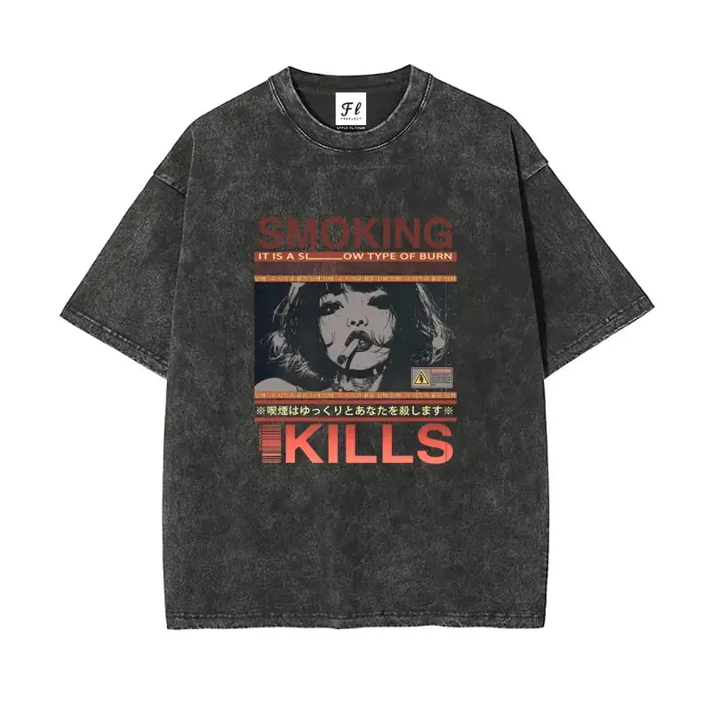 [SALE 60%] Vintage Washed Smoking Kills Anime Girl Graphic T-Shirt – Japanese Streetwear Warning Label Tee, Oversized Grunge Y2K Aesthetic Shirt