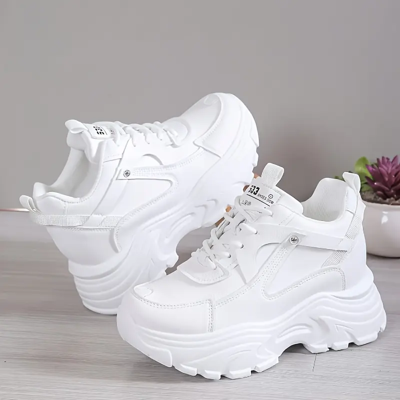 Women's Casual All-White Platform Dad Trainer - Built-in Height Increase Walking Footwear, Stylish Design, All-Day Comfort