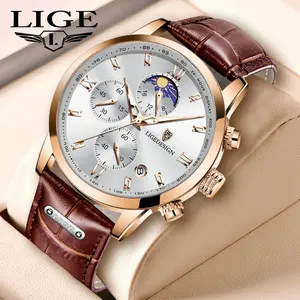 LIGE Classic Business Men's Watch, Multi-Dial Quartz Watch with Calendar, Leather Strap, 30M Waterproof