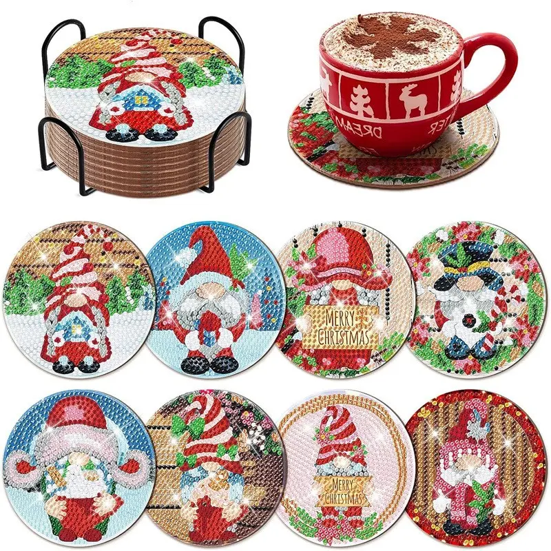 8-Piece Christmas Pattern Diamond Painting Wooden Coasters, DIY Creative Diamond Art for Home Decor, Festive Gifts, Fun Lifestyle Addition