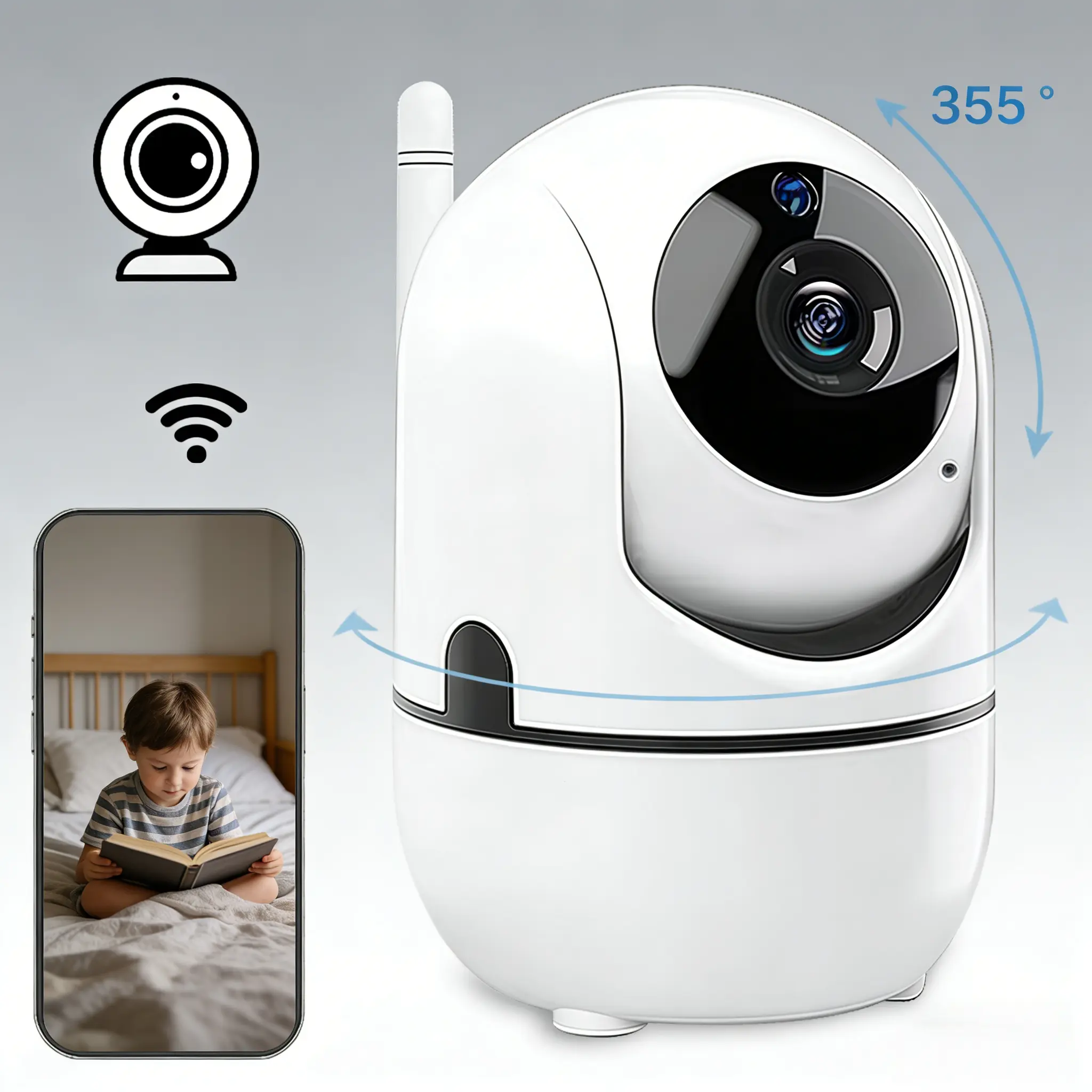 Home Security Camera, Indoor Smart Camera with 2.4GHz WiFi, IR Night Vision + Motion Detection + Two-Way Talk, 355° Horizontal Rotation, Cloud & TF Card Storage, Ideal for Baby, Toddlers, Pet, Nursery, and Home Securi