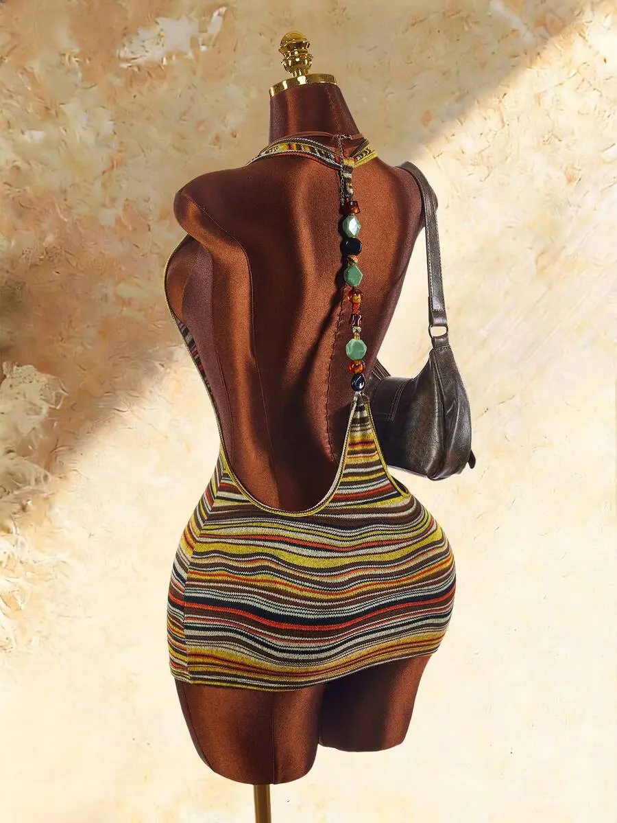 Women's Beaded One-Piece Swimsuit, Halter Neck, Backless, Sexy & Avant-Garde, Suitable For Vacation Wear