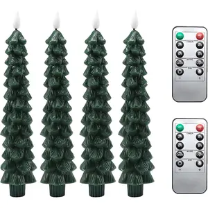 Christmas Tree Shaped Flameless Candlesticks  Operated with Remote and Timer, Set of 4 Real Wax LED Taper Candles with  Flickering Wick for Christmas Decoration