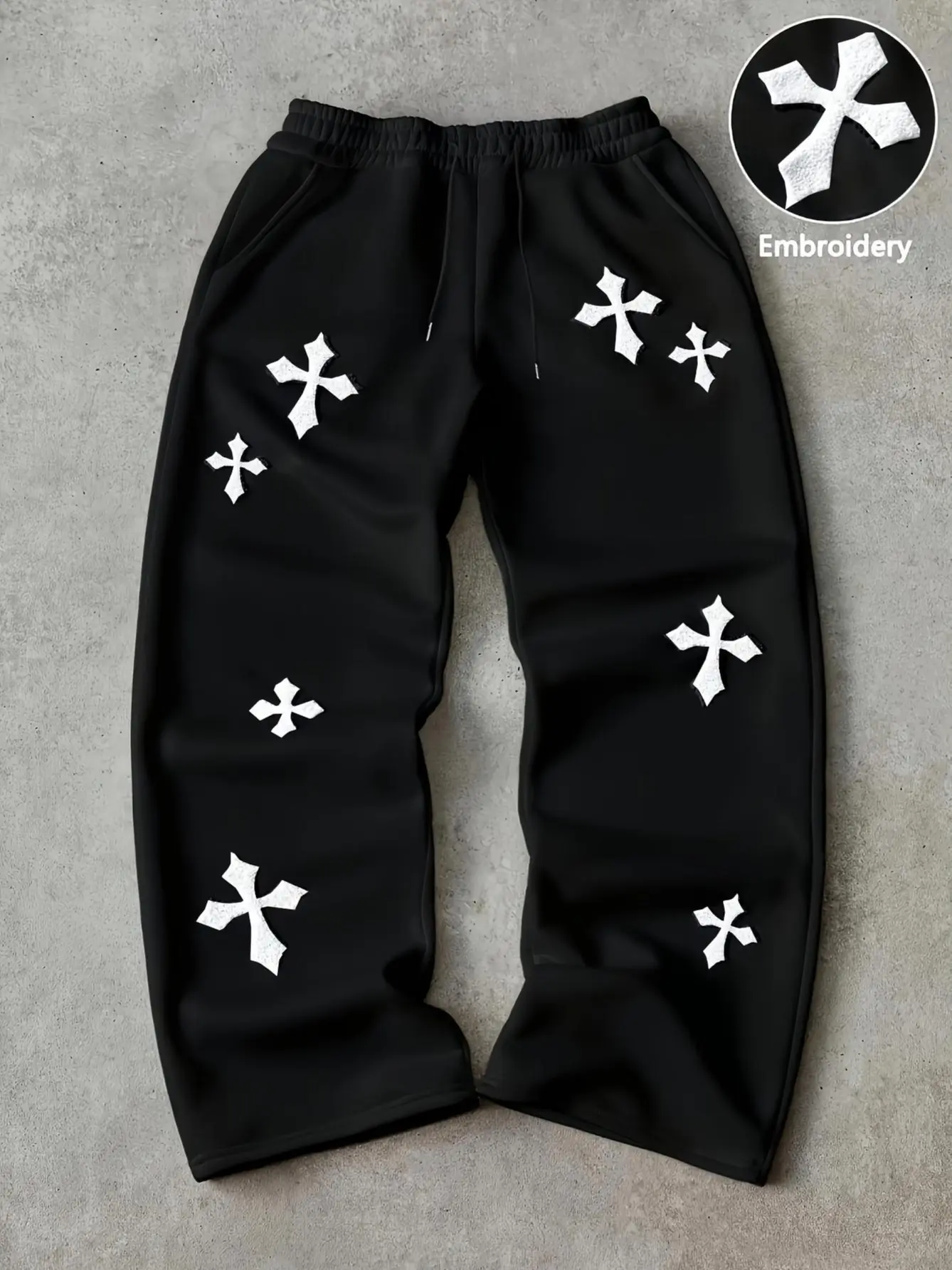 Men's Pants Wide Leg Sweatpants Loose Fit Trousers Cross Embroidery Patchwork Gothic Streetwear Y2K Harajuku Baggy Bird Joggers With Drawstring Elastic Waist Cloth Fabric Casual Bird Hip Hop  Black Charcoal Bird Male Clothing cozy everyday street
