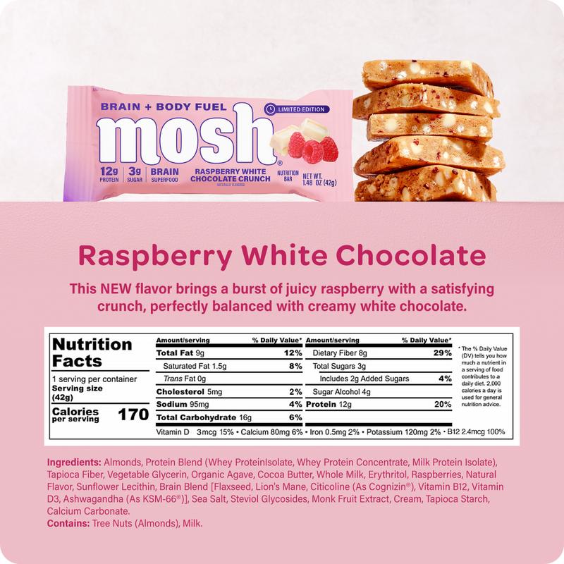 MOSH Raspberry White Chocolate Crunch Protein Bars (Exclusive Limited-Edition) - 12 Bars, High Protein, Lower Sugar, High Fiber, Keto-Friendly, Gluten Free, 6+ Brain Nutrients including Cognizin, Mission Focused and Gives Back