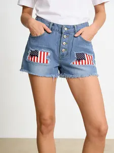 Women's Casual Ripped Denim Shorts, Mid-Waist Washed Look, Flag Star Patch Style, Fashionable Comfort Fit, Perfect for Daily Wear