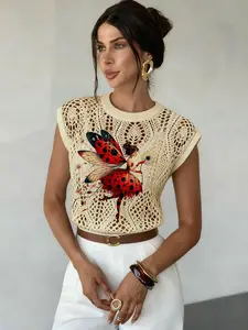 Women's Cartoon Insect Print Hollow Out Round Neck Sleeveless Sweater Vest, Casual Knit Top, Comfortable Versatile Everyday Clothing