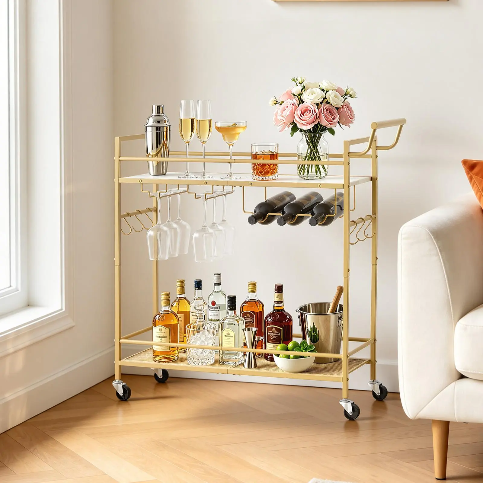 VEVOR 2-Tier Iron Metal Bar Cart Organizer with Smooth Rolling Wheels, Wooden-Mesh Shelves, Wine Rack, Glass Holder, 33.86x11.81x32.68in Gold Service Trolley for Home Kitchen, Party Events - Contemporary Home Decor Furniture, Shelf