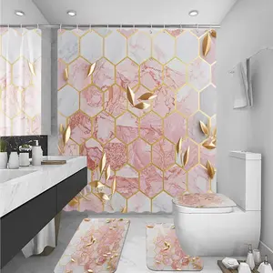 4 Pcs Pink Shower Curtain Sets with Rugs Bathroom Sets with Shower Curtain and Rugs Modern Abstract Bathroom Decor Accessories Shower Curtains for Bathroom Toilet Lid Cover