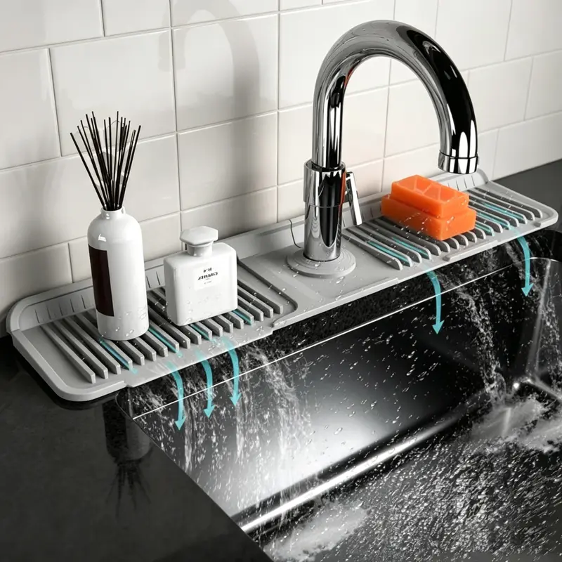 Kitchen Silicone Sink Faucet Mat - Upgraded Angled Fast-Drain, Trimmable Hole, Quick-Dry Stone Tray Household Item for Sink Protection, Water Drip Collector Splash Guard (Home Supplies Organizer), Household Items