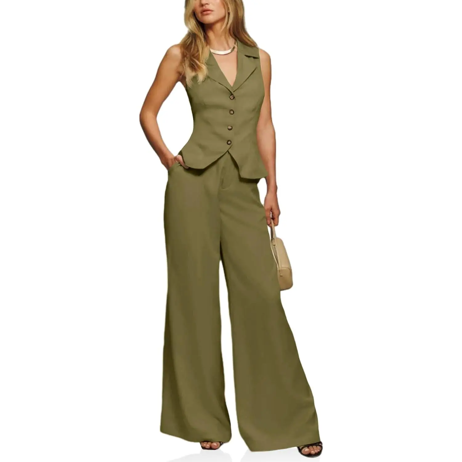 Lannew Womens Vest Sets Summer 2 Piece Outfits Button Crop Blazer Vest and Wide Leg Pant Suits