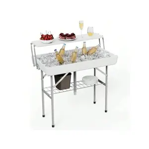 Outdoor Ice Cooler Folding Table With Drain, Two-Tier Ice Tables With Removable Skirt And Extra Storage Shelf, Indoor Outdoor Use For Events, Parties, Wedding, Camping, BBQ, White