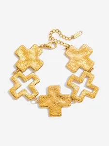 Vintage Designer 18k Gold Stainless Steel Bracelet, Hammered Cross Pendant, Women's Luxury Jewelry, Non-Fading Gift Accessory