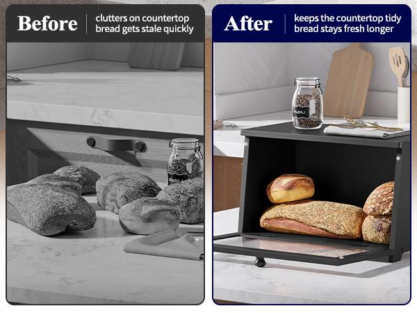 Bamboo Bread Box, Double Layer Bread Storage Box for Kitchen Counter, Large Capacity Bread Bin, Black Bamboo Bread Box, Double Layer Bread Storage Box for Kitchen Counter, Large Capacity Bread Bin, Black