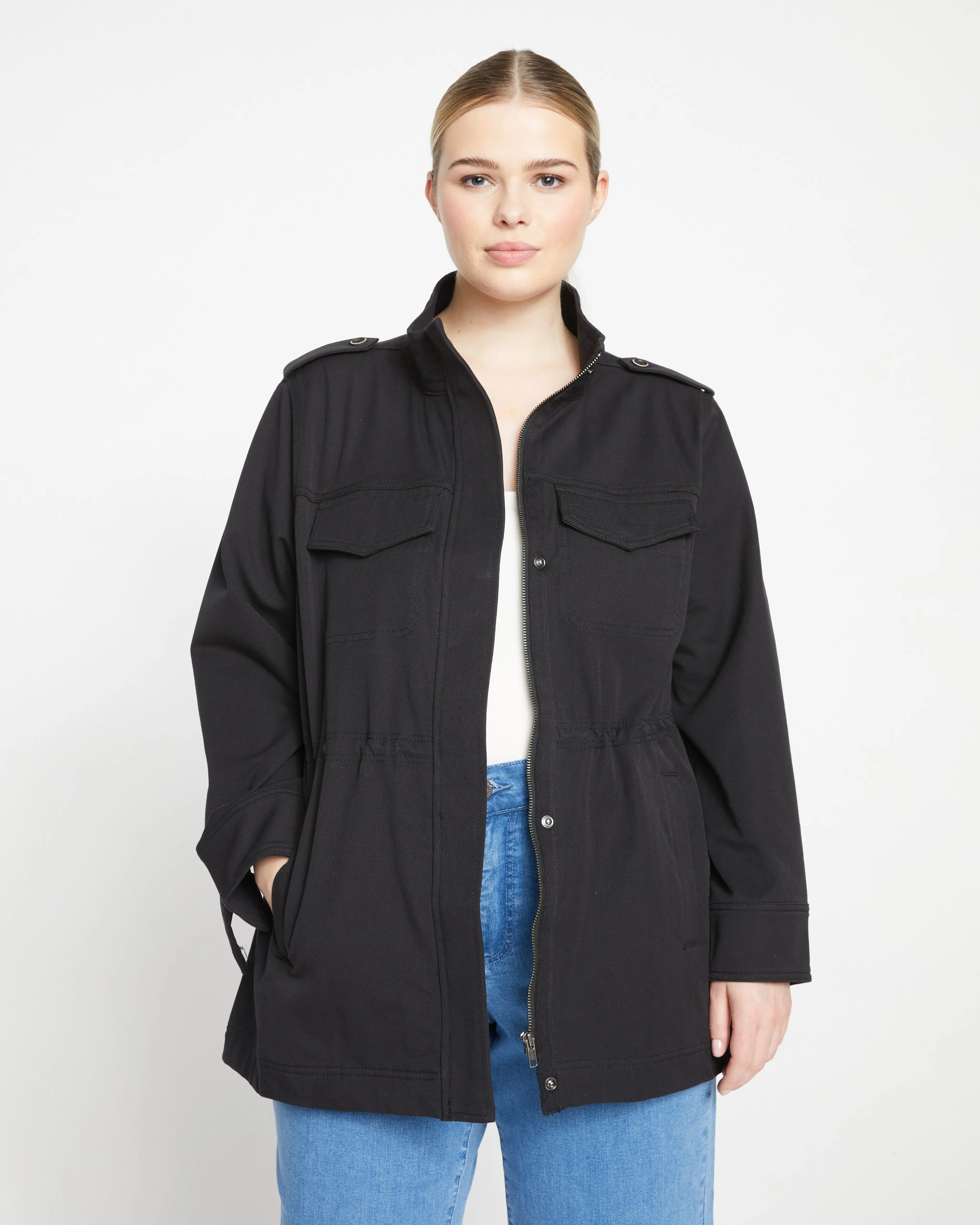 Women's Vintage Stretch Cotton Twill Field Coat - Quiet Luxury, Elevated Casual, Cinch Waist with Elastic Cord, Long Sleeves, Asymmetrical Stitching, Modest, Fitted, Snap Closure, Enduring Stretch Twill Coats