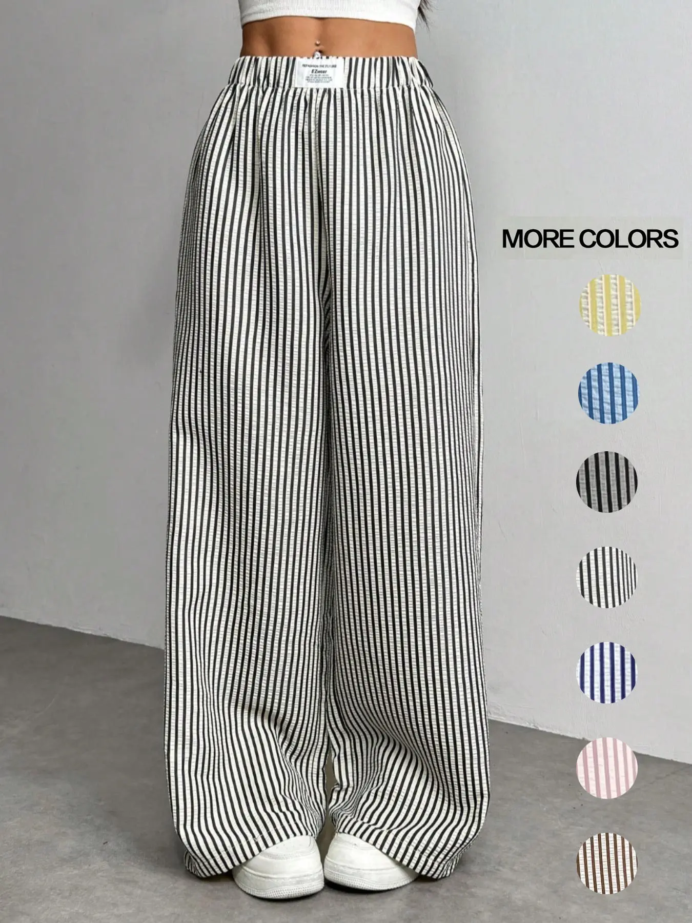 Women's Casual Striped Wide Leg Woven Pants, Womenswear, Comfortable Elastic Waist Trousers, Fashion Aesthetic Chic Loose Fit Design for Daily Wear, Casual Lounge Pant, Casual Comfy Trousers