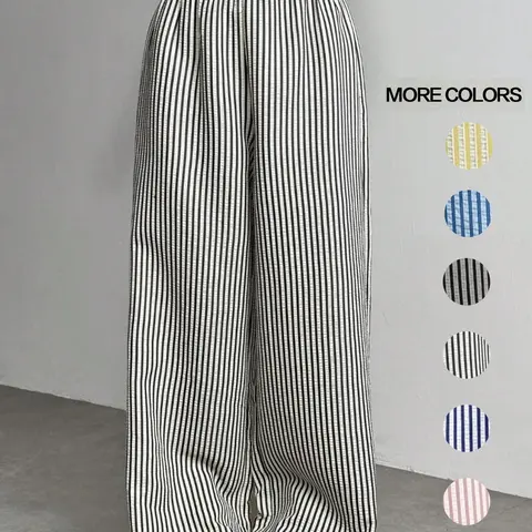 Women's Casual Striped Wide Leg Woven Pants, Womenswear, Comfortable Elastic Waist Trousers, Fashion Aesthetic Chic Loose Fit Design for Daily Wear, Casual Lounge Pant, Casual Comfy Trousers