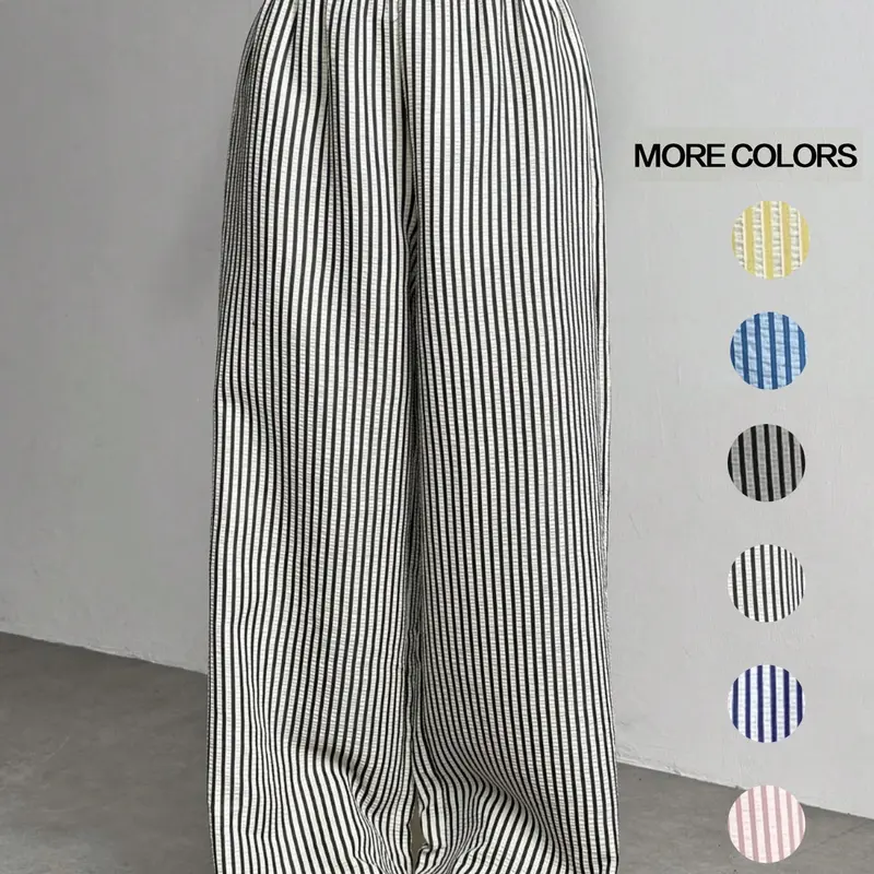 Women's Casual Striped Wide Leg Woven Pants, Womenswear, Comfortable Elastic Waist Trousers, Fashion Aesthetic Chic Loose Fit Design for Daily Wear, Casual Lounge Pant, Casual Comfy Trousers