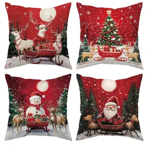 4pcs, Festive Christmas Red Theme Throw Pillow Covers, Santa, Reindeer, Snowman and Christmas Tree Printed Designs, Holiday Home Decor, Suitable for Ideal for Couch, Bed and Living Room, Single Sided Printing, No Pillow Core, Washable Cushion Covers