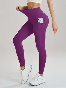 New Deep Purple High Waist Sporty Yoga Pants, Wide Belt  Leggings, Side Pocket Design, Suitable for All Seasons,Indoors and Outdoors activities