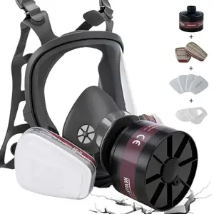Full Face Gas Mask, Reusable Respirator Mask Survival Nuclear and Chemical with 6001 and 40mm Activated Carbon Filter Against Gases Dust Vapors Fume for Spray Paint Sanding