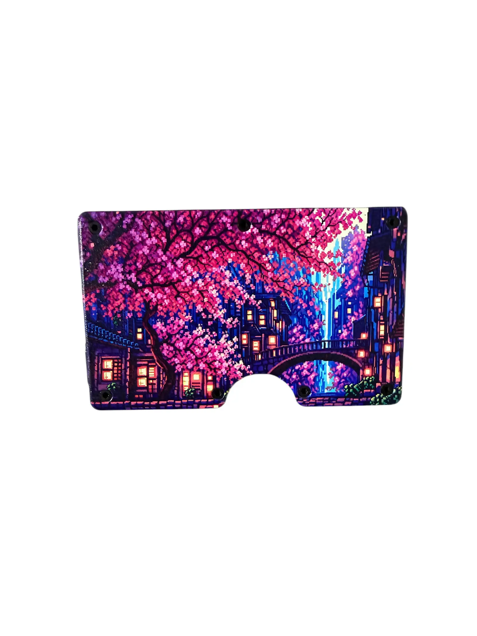 RFID Blocking Minimalist Wallet – 8 Bit Pixel Art Anime Sakura Blossom City Design | Slim Aluminum Card Holder