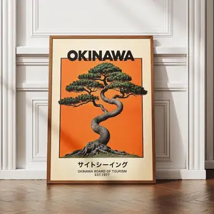 Orange Okinawa Poster Unframed , Japan-Inspired Travel Print, Ryukyu Travel Print, Warm Cape Hedo Poster, Gajumaru Tree, bonsai,