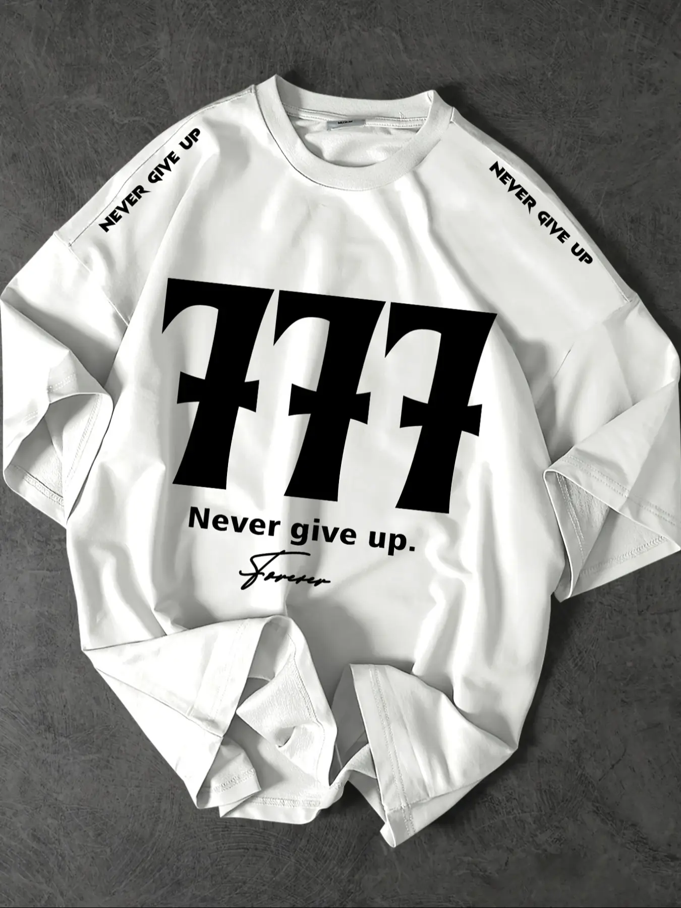 Motivational Streetwear Casual T-Shirt, 777 Number & Never Give Up Slogan, Striped Sleeve Design, Fitted Long Style, Must-Have Trendsetter