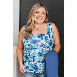 Timeless Melodies Floral Tank Top- Ivory & Dark Blue